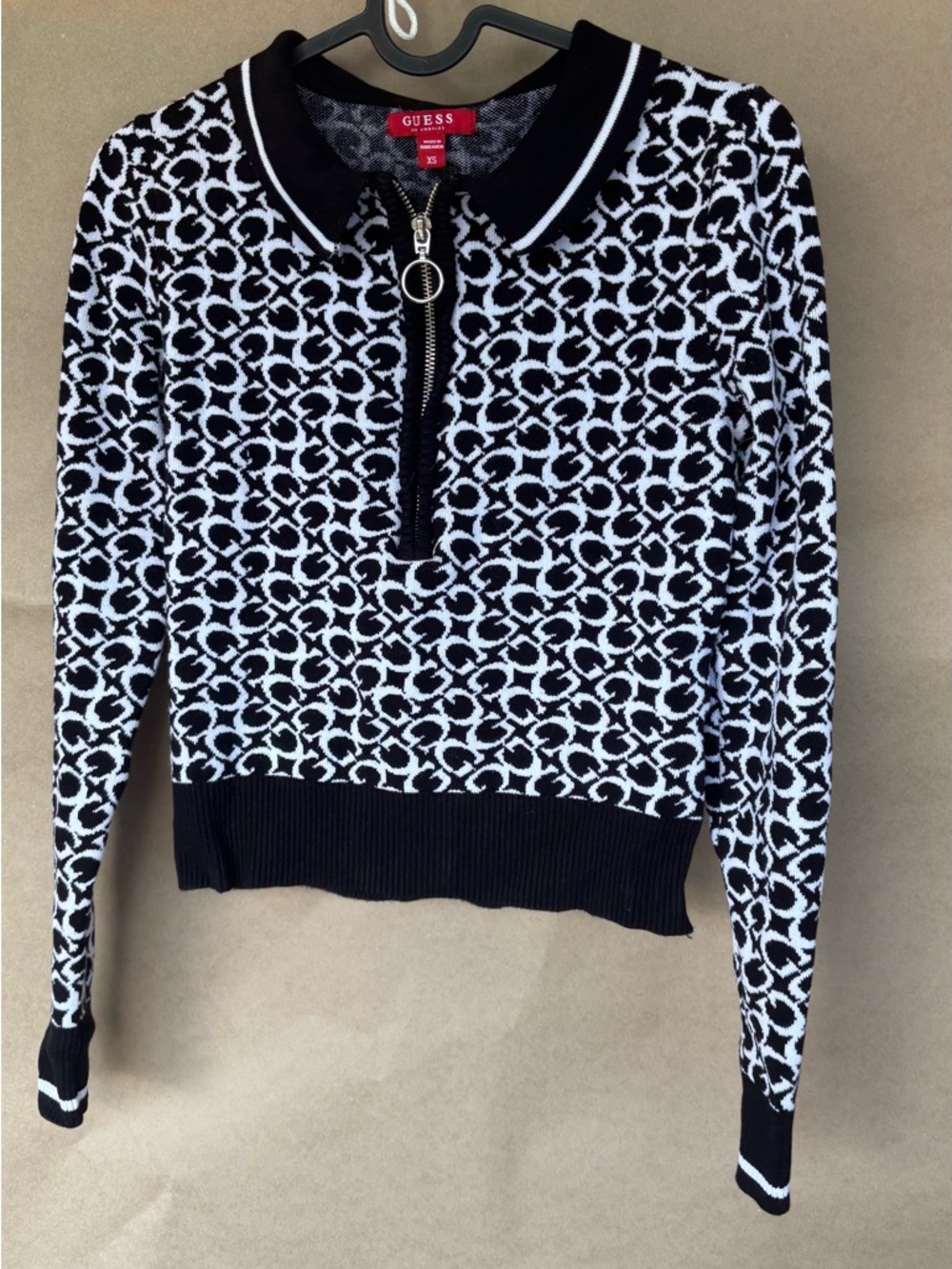 Guess Black & White Logo-Print Zip Polo Sweater